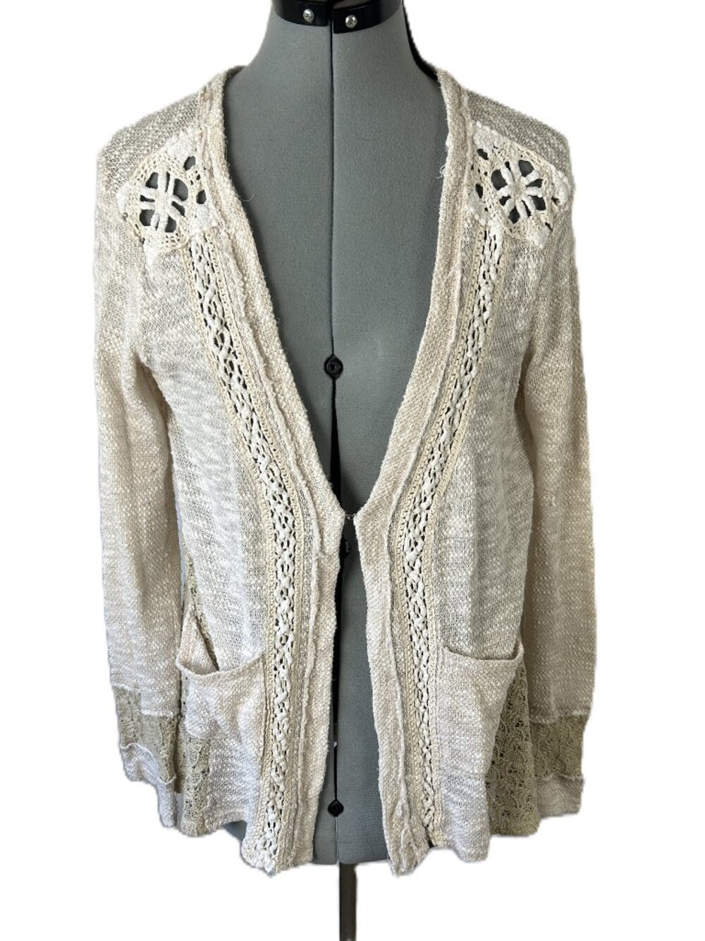 Miss Me Mixed Media Crochet Lace Trim Cardigan Cream Tan Boho CottageCore L